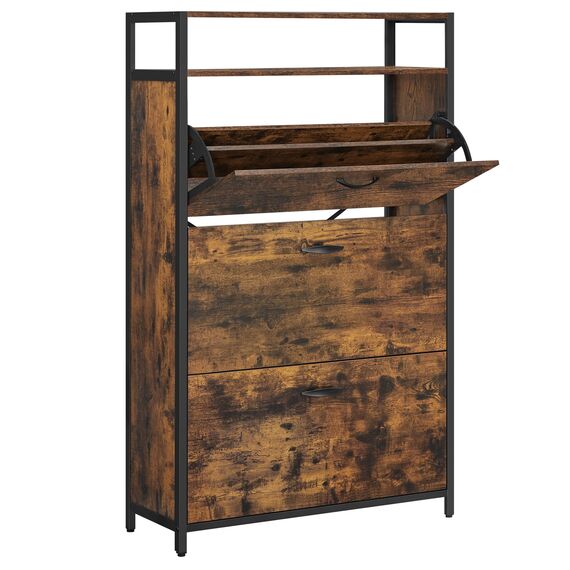 VASAGLE Schuhschrank, schmales Schuhregal, Schuhkipper mit 3 Klappen, für 15-24 Paar Schuhe, platzsparend, staubdicht, 30 x 80 x 130 cm, für Flur, vintagebraun-schwarz LBS802B01