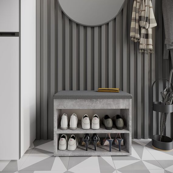 KOMTO Schuhbank mit Sitzfläche - Schuhregal Bank mit Stauraum Beton 60 x 48 x 32 cm Kleiner Schuhschrank mit Sitzbank Flur Bank Garderobenbank Sofia, Beton Polster Grau