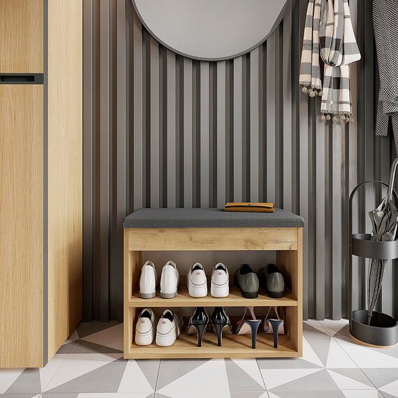 KOMTO Schuhbank mit Sitzfläche - Schuhregal Bank mit Stauraum Honig Eiche 60 x 48 x 32 cm Kleiner Schuhschrank mit Sitzbank Flur Bank Garderobenbank Sofia