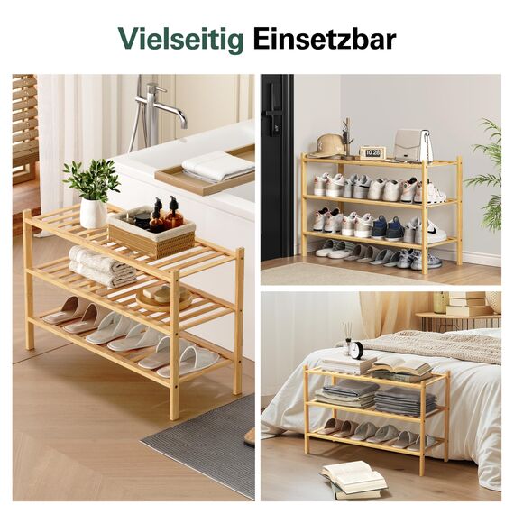 BAM BOO BOX - Schuhregal aus Bambus, Schuhablage mit 3 Ebenen, 68 x 28 x 46 cm, Erweiterbar Stapelbar, Schuhschrank Holz, Shoe Rack, Regal für Wohnzimmer oder Flur (Bambus)