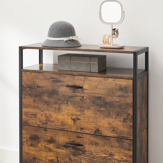 VASAGLE Schuhschrank, schmales Schuhregal, Schuhkipper mit 2 Klappen, für 10-16 Paar Schuhe, platzsparend, staubdicht, 30 x 80 x 95 cm, für Flur, vintagebraun-schwarz LBS801B01