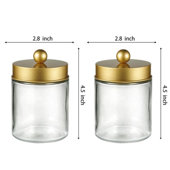 Apothekergläser, Badezimmer-Aufbewahrungs-Organizer, Aufbewahrungsbox für Arbeitsplatte, Organizer, niedlicher Qtip-Spenderhalter aus Glas mit Deckel, Wattestäbchen, Badesalz, Haarband, 2 Stück (Gold)