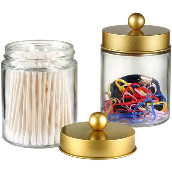 Apothekergläser, Badezimmer-Aufbewahrungs-Organizer, Aufbewahrungsbox für Arbeitsplatte, Organizer, niedlicher Qtip-Spenderhalter aus Glas mit Deckel, Wattestäbchen, Badesalz, Haarband, 2 Stück (Gold)