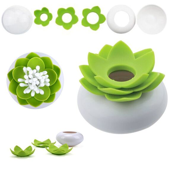 HomDSim Lotus-Wattestäbchen-Halter, kleine Wattestäbchen, Zahnstocher, Bürstenhalter, Aufbewahrungsbox, Organizer mit transparentem Deckel, staubdichter Deckel, Grün, Pink, Weiß, 3 Stück