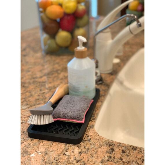Happitasa Silikon-Küchenspüle-Organizer, Tablett und Schwammhalter, Zickzack-Stil (schwarz, 25,4 x 13,3 cm)
