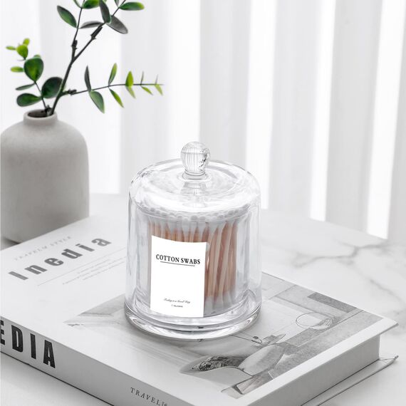 Qtip Halter Dicke Glas-Apothekergläser mit Deckel für Badezimmerzubehör, Schminktisch-Organizer und Make-up-Aufbewahrung für Wattebälle, Tupfer, Badezimmer-Dekor, 2 Stück transparent