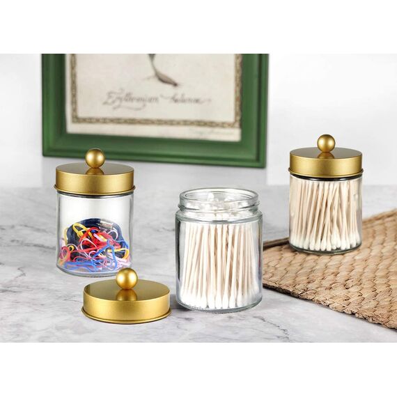 Apothekergläser, Badezimmer-Aufbewahrungs-Organizer, Aufbewahrungsbox für Arbeitsplatte, Organizer, niedlicher Qtip-Spenderhalter aus Glas mit Deckel, Wattestäbchen, Badesalz, Haarband, 2 Stück (Gold)