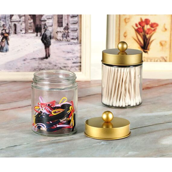 Apothekergläser, Badezimmer-Aufbewahrungs-Organizer, Aufbewahrungsbox für Arbeitsplatte, Organizer, niedlicher Qtip-Spenderhalter aus Glas mit Deckel, Wattestäbchen, Badesalz, Haarband, 2 Stück (Gold)