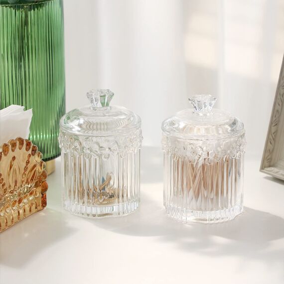 rejomiik Qtip Apothekergläser aus Glas mit Deckel, Badezimmer-Zubehör, Kosmetik-Organizer und Make-up-Aufbewahrungsbehälter für Wattestäbchen, Bälle, Pads, Zahnseide-Picker, Süßigkeiten, transparent