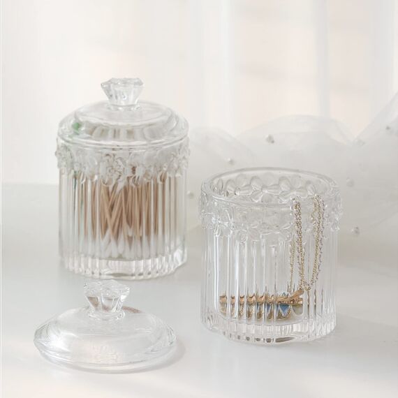 rejomiik Qtip Apothekergläser aus Glas mit Deckel, Badezimmer-Zubehör, Kosmetik-Organizer und Make-up-Aufbewahrungsbehälter für Wattestäbchen, Bälle, Pads, Zahnseide-Picker, Süßigkeiten, transparent