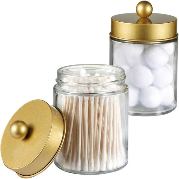 Apothekergläser, Badezimmer-Aufbewahrungs-Organizer, Aufbewahrungsbox für Arbeitsplatte, Organizer, niedlicher Qtip-Spenderhalter aus Glas mit Deckel, Wattestäbchen, Badesalz, Haarband, 2 Stück (Gold)