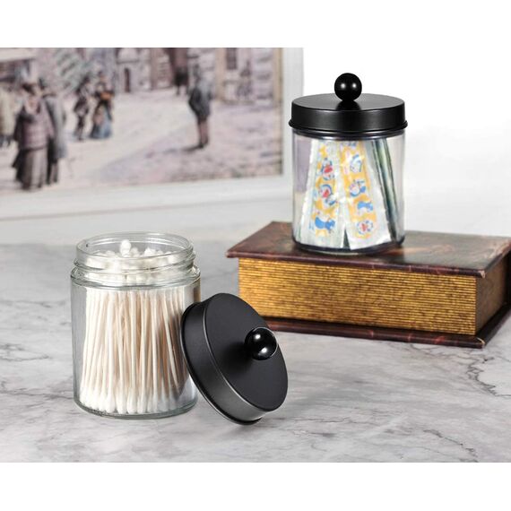 Apothekergläser Badezimmer-Aufbewahrungs-Organizer – niedlicher Qtip Spenderhalter, Kosmetikbehälter, Glas mit Deckel für Wattestäbchen, rund, Badesalz, Make-up-Schwämme, Haar-Accessoires, Schwarz, 2