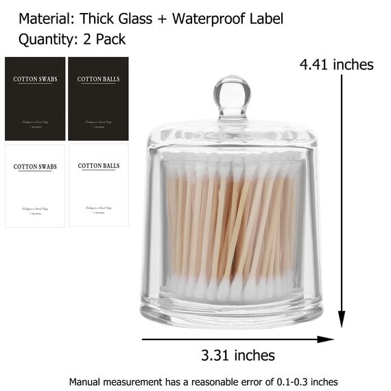 Qtip Halter Dicke Glas-Apothekergläser mit Deckel für Badezimmerzubehör, Schminktisch-Organizer und Make-up-Aufbewahrung für Wattebälle, Tupfer, Badezimmer-Dekor, 2 Stück transparent