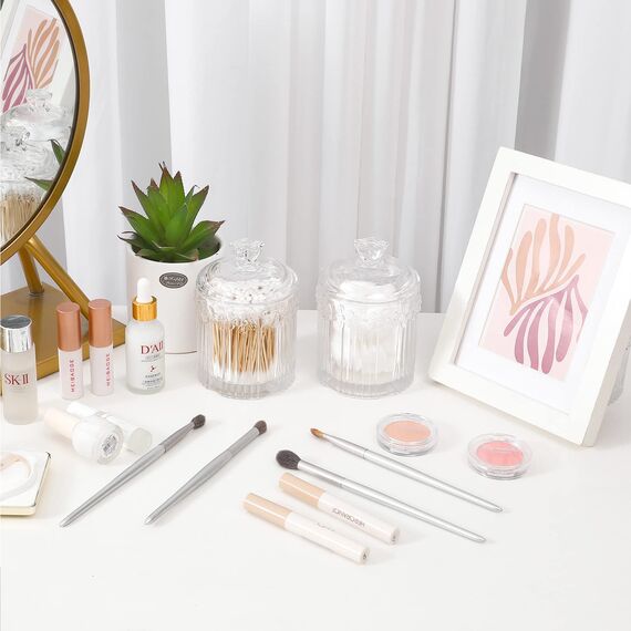 rejomiik Qtip Apothekergläser aus Glas mit Deckel, Badezimmer-Zubehör, Kosmetik-Organizer und Make-up-Aufbewahrungsbehälter für Wattestäbchen, Bälle, Pads, Zahnseide-Picker, Süßigkeiten, transparent