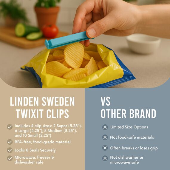 LINDEN SWEDEN Twixit Beutel-Clips – halten Lebensmittel frisch, stoppen Verschütten – einfache Datumsstempel Gefrorene Beutel – Chip-Clips zur Aufbewahrung und Organisation – mikrowellen-, gefrier