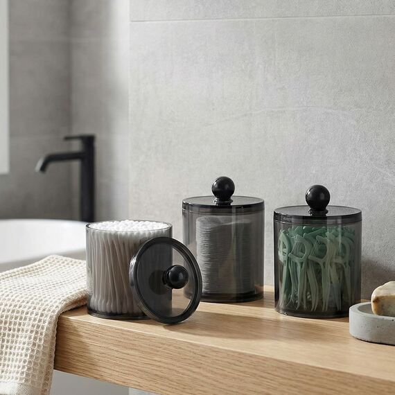 SheeChung Apothekergläser aus schwarzem Acryl mit Kreidetafel-Etiketten, bruchsicherer Qtip-Halter für Badezimmer, Kosmetik-Aufbewahrungsbehälter für Wattestäbchen, Bälle, Zahnseide-Picker, modernes