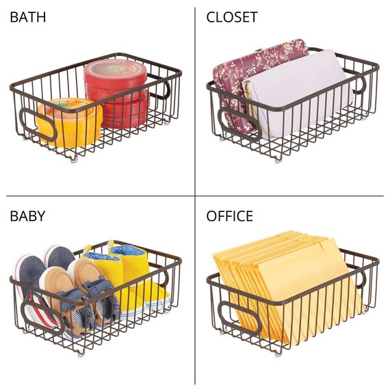 mDesign 4er-Set Metall Ablagebox mit integrierten Griffen – schmale Aufbewahrungsbox mit ansprechendem Drahtdesign – ideal zur Kosmetikaufbewahrung im Badezimmer – bronzefarben