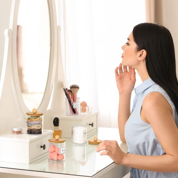 Qtip Spender mit Bambusdeckel, transparent, Kunststoff, Apotheker-Behälter für Schminktisch, Make-up, Organizer, Aufbewahrung, Badezimmer-Zubehör-Set für Wattestäbchen, Ball, Pads, Zahnseide, 4 Stück