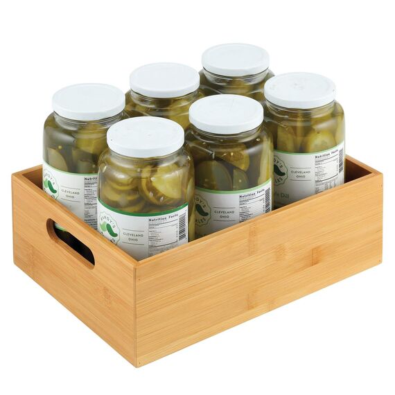 mDesign Aufbewahrungsbox für die Küche – geräumige Holzbox mit integrierten Griffen – offene Ablage aus Bambus zur Aufbewahrung von Küchenutensilien – naturfarben