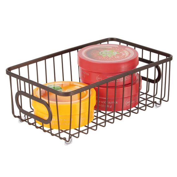 mDesign 4er-Set Metall Ablagebox mit integrierten Griffen – schmale Aufbewahrungsbox mit ansprechendem Drahtdesign – ideal zur Kosmetikaufbewahrung im Badezimmer – bronzefarben