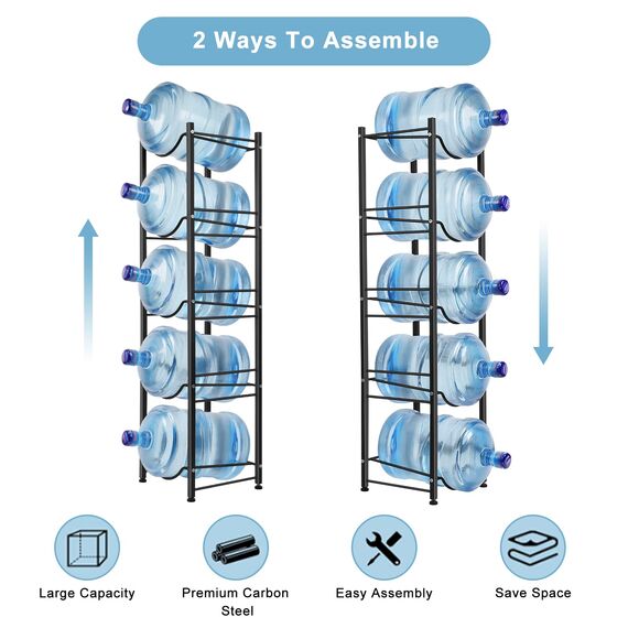 smusei Wasserflaschenhalter, 5 Etagen, abnehmbarer Kühlkrughalter, Aufbewahrungsregal, robuster Krug-Organizer für Zuhause, Küche, Büro, Pausenraum, Schwarz
