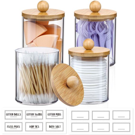 Qtip Spender mit Bambusdeckel, transparent, Kunststoff, Apotheker-Behälter für Schminktisch, Make-up, Organizer, Aufbewahrung, Badezimmer-Zubehör-Set für Wattestäbchen, Ball, Pads, Zahnseide, 4 Stück