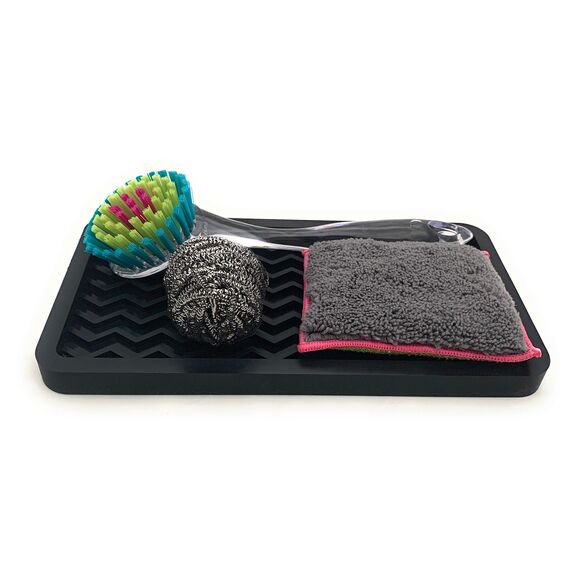 Happitasa Silikon-Küchenspüle-Organizer, Tablett und Schwammhalter, Zickzack-Stil (schwarz, 25,4 x 13,3 cm)