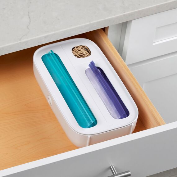 YouCopia StoraBag Schubladenspender für Lebensmittelbeutel, 3 Schlitze, Kunststoff, Sandwichbeutel, Organizer für die Küche, Weiß