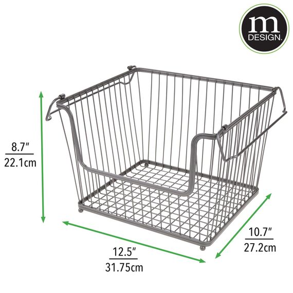 mDesign Moderner stapelbarer Metallkorb mit Griffen, offene Vorderseite für Küchenschränke, Speisekammer, Schränke, Schlafzimmer, Badezimmer – groß, 3 Stück – Graphitgrau