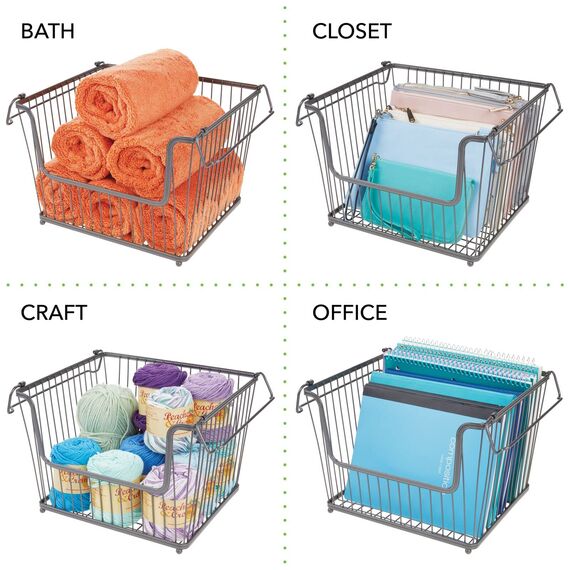 mDesign Moderner stapelbarer Metallkorb mit Griffen, offene Vorderseite für Küchenschränke, Speisekammer, Schränke, Schlafzimmer, Badezimmer – groß, 3 Stück – Graphitgrau
