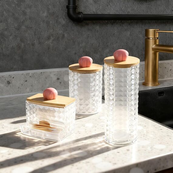 Hwtcjx 3 Stück Wattestäbchen Halter, Wattepad-Halter, Wattepads Aufbewahrung, Wattestäbchen Behälter mit Holzbezug, Wattepadspender, für Wohnzimmer, Schlafzimmer, Badezimmer (Rosa)