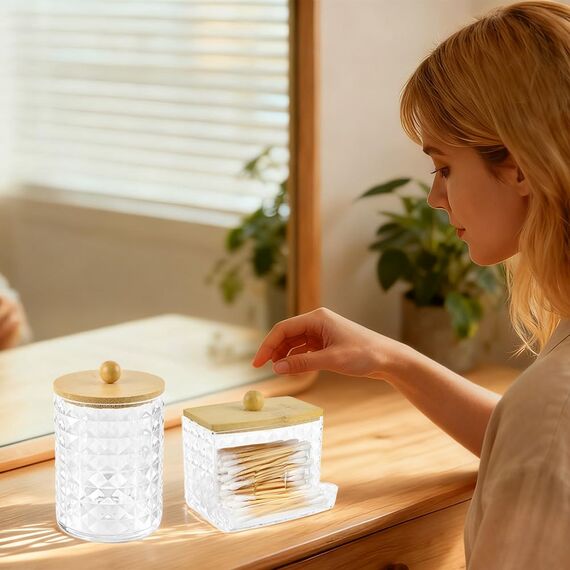 Hwtcjx 3 Stück Wattestäbchen Halter, Wattepad-Halter, Wattepads Aufbewahrung, Wattestäbchen Behälter mit Holzbezug, Wattepadspender, für Wohnzimmer, Schlafzimmer, Badezimmer