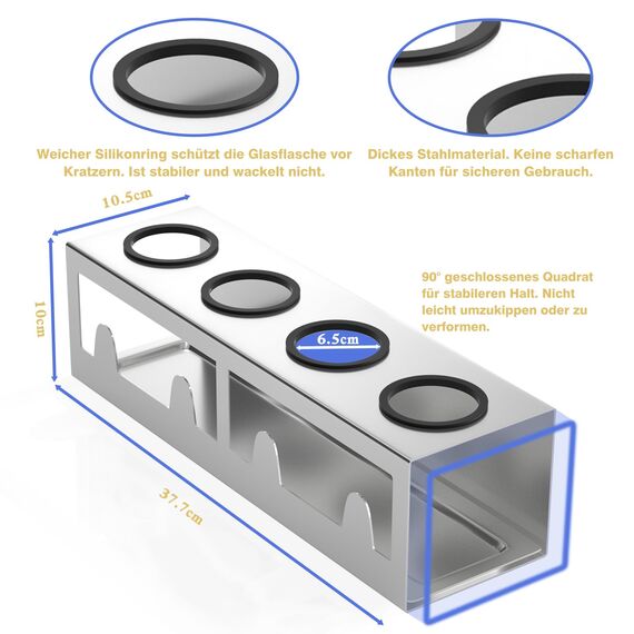 HOMMAND Flaschenhalter für SodaStream Crystal und Emil Flaschen, Edelstahl Flaschenhalter Abtropfgestell Abtropfständer für 4 Flaschen, mit Silikonschutzringe, Abtropfschale und Deckelhalter Silber