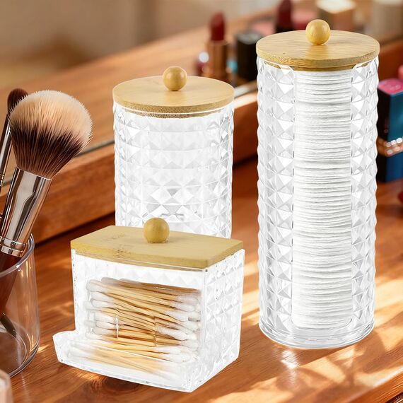 Hwtcjx 3 Stück Wattestäbchen Halter, Wattepad-Halter, Wattepads Aufbewahrung, Wattestäbchen Behälter mit Holzbezug, Wattepadspender, für Wohnzimmer, Schlafzimmer, Badezimmer