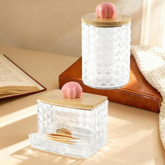 Hwtcjx 3 Stück Wattestäbchen Halter, Wattepad-Halter, Wattepads Aufbewahrung, Wattestäbchen Behälter mit Holzbezug, Wattepadspender, für Wohnzimmer, Schlafzimmer, Badezimmer (Rosa)