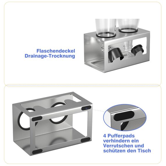HOMMAND Flaschenhalter für SodaStream Crystal und Emil Flaschen, Edelstahl Flaschenhalter Abtropfgestell Abtropfständer für 2 Flaschen, mit Silikonschutzringe, Abtropfschale und Deckelhalter Silber