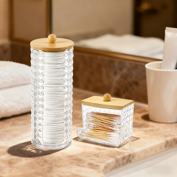 Hwtcjx 3 Stück Wattestäbchen Halter, Wattepad-Halter, Wattepads Aufbewahrung, Wattestäbchen Behälter mit Holzbezug, Wattepadspender, für Wohnzimmer, Schlafzimmer, Badezimmer