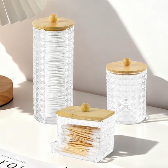 Hwtcjx 3 Stück Wattestäbchen Halter, Wattepad-Halter, Wattepads Aufbewahrung, Wattestäbchen Behälter mit Holzbezug, Wattepadspender, für Wohnzimmer, Schlafzimmer, Badezimmer