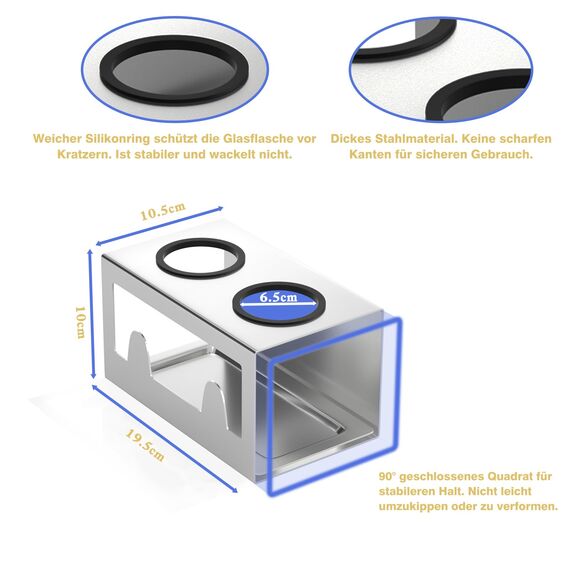 HOMMAND Flaschenhalter für SodaStream Crystal und Emil Flaschen, Edelstahl Flaschenhalter Abtropfgestell Abtropfständer für 2 Flaschen, mit Silikonschutzringe, Abtropfschale und Deckelhalter Silber
