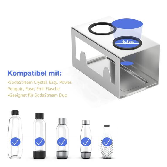 HOMMAND Flaschenhalter für SodaStream Crystal und Emil Flaschen, Edelstahl Flaschenhalter Abtropfgestell Abtropfständer für 2 Flaschen, mit Silikonschutzringe, Abtropfschale und Deckelhalter Silber