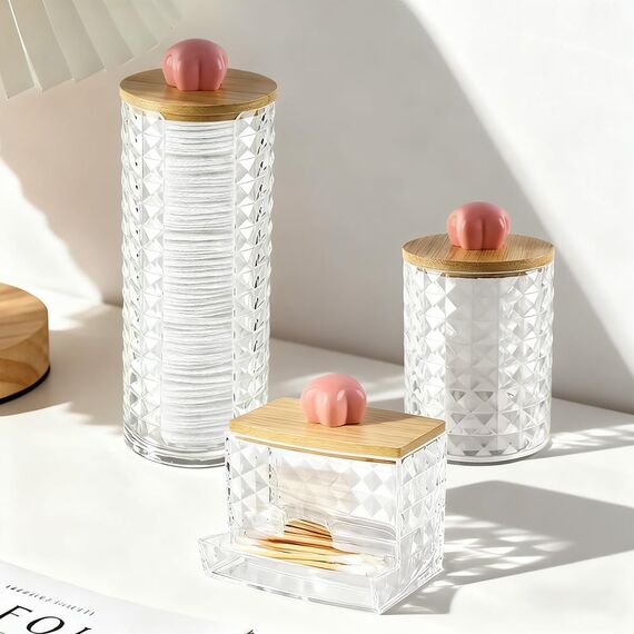 Hwtcjx 3 Stück Wattestäbchen Halter, Wattepad-Halter, Wattepads Aufbewahrung, Wattestäbchen Behälter mit Holzbezug, Wattepadspender, für Wohnzimmer, Schlafzimmer, Badezimmer (Rosa)