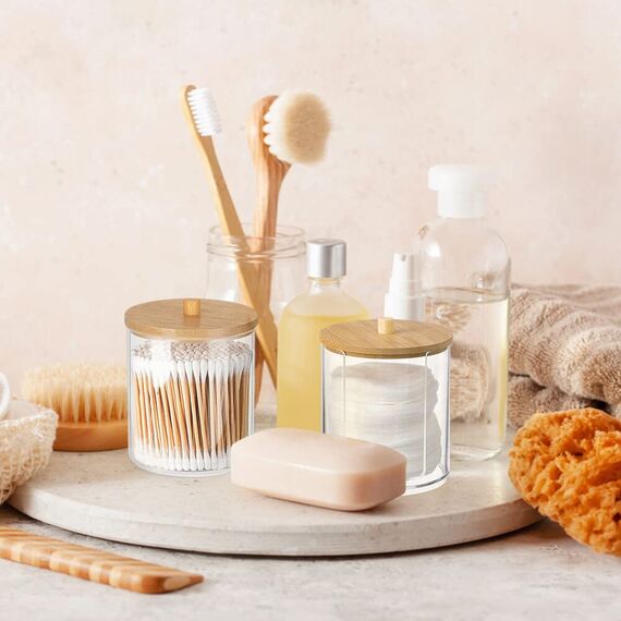 Hwtcjx 2 Stück Wattestäbchen Halter, Wattepad-Halter, Wattepads Aufbewahrung, Wattestäbchen Behälter mit Holzbezug, Wattepadspender, für Wohnzimmer, Schlafzimmer, Badezimmer (B)