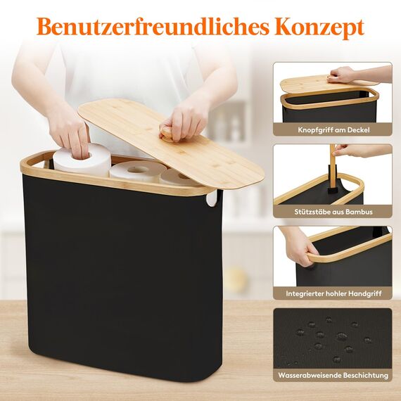 Lifewit Toilettenpapier Aufbewahrungskorb, Bambus Badezimmer Organizer, Klopapier Aufbewahrungsschrank für Enge Räume, Toilet Paper Behälter mit Deckel, 30L，Dunkelschwarz