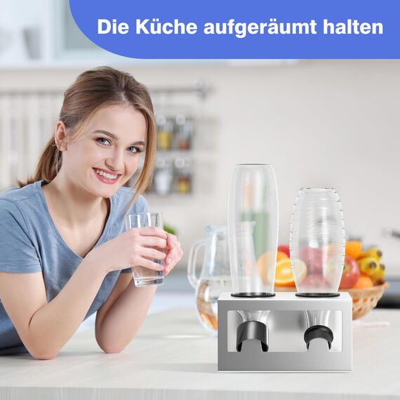 HOMMAND Flaschenhalter für SodaStream Crystal und Emil Flaschen, Edelstahl Flaschenhalter Abtropfgestell Abtropfständer für 2 Flaschen, mit Silikonschutzringe, Abtropfschale und Deckelhalter Silber