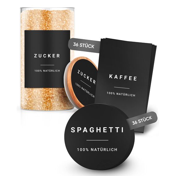 Vorratsetiketten Basis Set Schwarz - selbstklebend (72 Stück) - Aufkleber rund minimalistisch - wasserfest