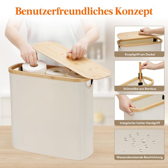 Lifewit Toilettenpapier Aufbewahrungskorb, Bambus Badezimmer Organizer, Klopapier Aufbewahrungsschrank für Enge Räume, Toilet Paper Behälter mit Deckel, 30L，Weiß