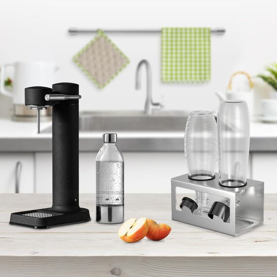 HOMMAND Flaschenhalter für SodaStream Crystal und Emil Flaschen, Edelstahl Flaschenhalter Abtropfgestell Abtropfständer für 2 Flaschen, mit Silikonschutzringe, Abtropfschale und Deckelhalter Silber