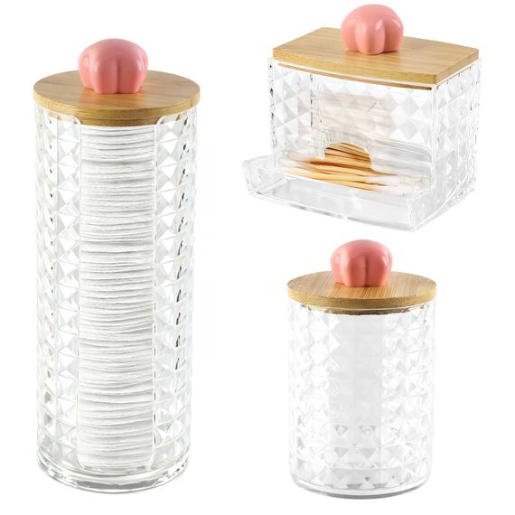 Hwtcjx 3 Stück Wattestäbchen Halter, Wattepad-Halter, Wattepads Aufbewahrung, Wattestäbchen Behälter mit Holzbezug, Wattepadspender, für Wohnzimmer, Schlafzimmer, Badezimmer (Rosa)