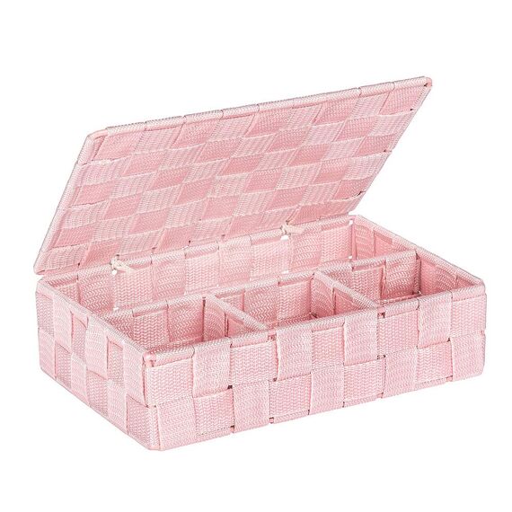 WENKO Aufbewahrungskorb mit Deckel Adria Rosa Klein - Badkorb mit Deckel und 4 Fächern, Polypropylen, 26 x 7.5 x 17 cm, Rosa