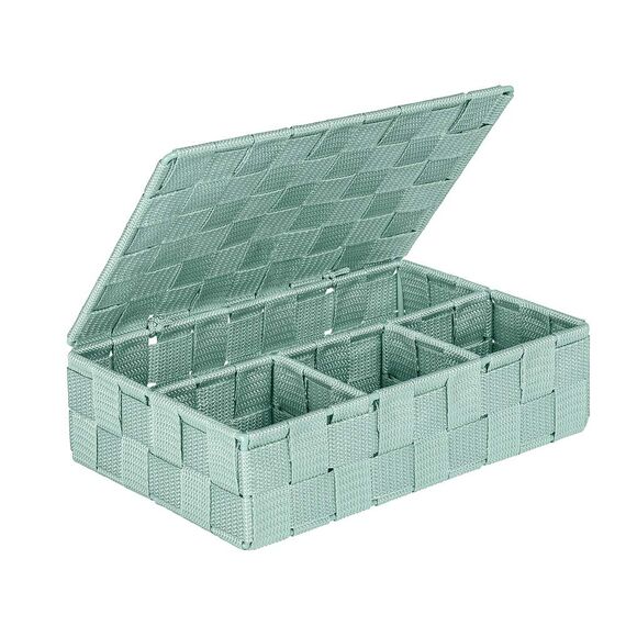 WENKO Aufbewahrungskorb mit Deckel Adria Mint Klein - Badkorb mit Deckel und 4 Fächern, Polypropylen, 26 x 7.5 x 17 cm, Minzgrün